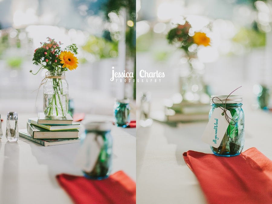 Flowers in mason jars. DIY wedding at Mote Aquarium in Sarasota, FL
